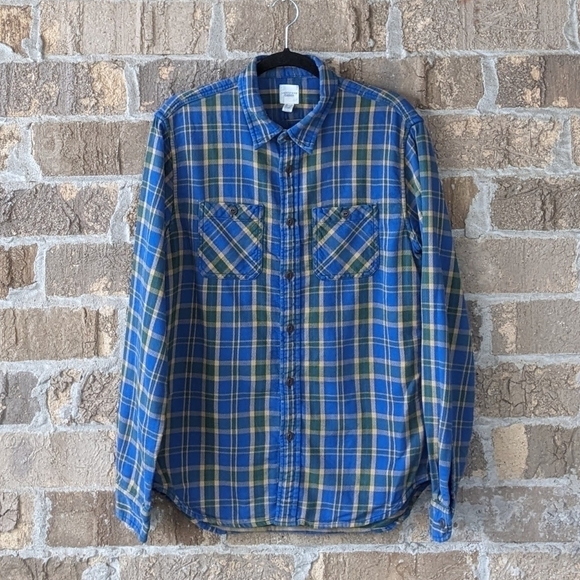 Lands' End Canvas Blue Yellow Cotton Plaid Long Sleeve Button Front Shirt Large - Picture 1 of 8